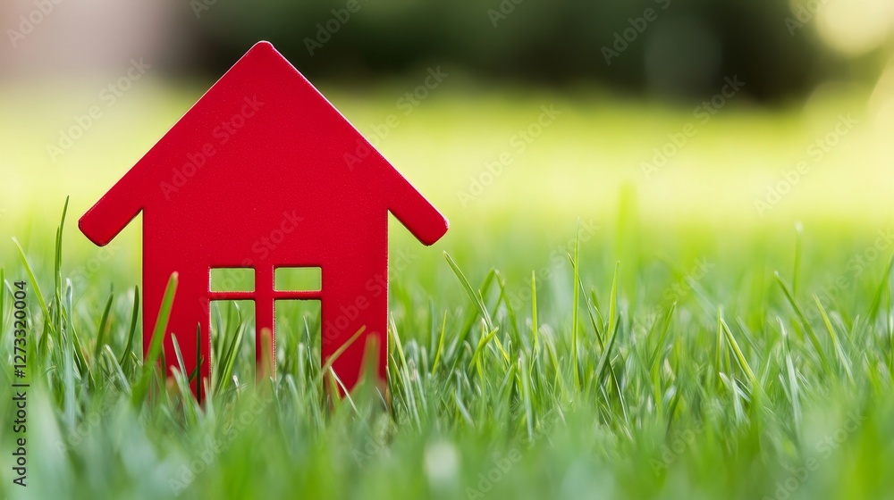 Vibrant red house silhouette placed on lush green grass under soft outdoor lighting Vibrant red house silhouette placed on lush green grass under soft outdoor lighting