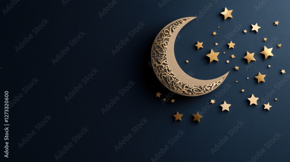 Ornate crescent moon and stars on dark blue background Ornate crescent moon and stars on dark blue background