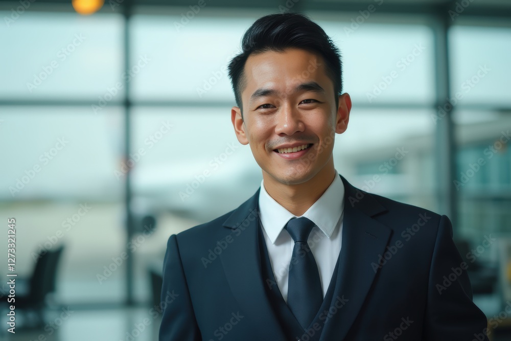 Head and shoulders Portrait of an elegant stylish Lao 50 years old male flight attendant in uniform. Head and shoulders Portrait of an elegant stylish Lao 50 years old male flight attendant in uniform.