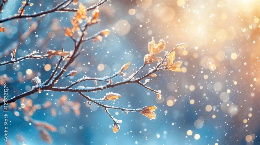 Weather, close-up of snow falling on a tree branch, soft winter background Weather, close-up of snow falling on a tree branch, soft winter background