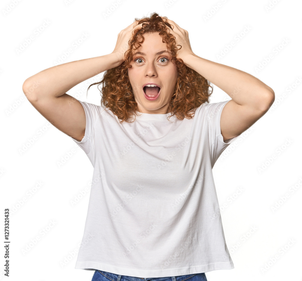 Young Caucasian redhead woman screaming, very excited, passionate, satisfied with something.