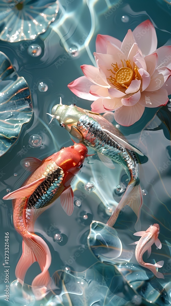 Fototapeta premium Pink gold lotus water surface and goldfish koi poster background