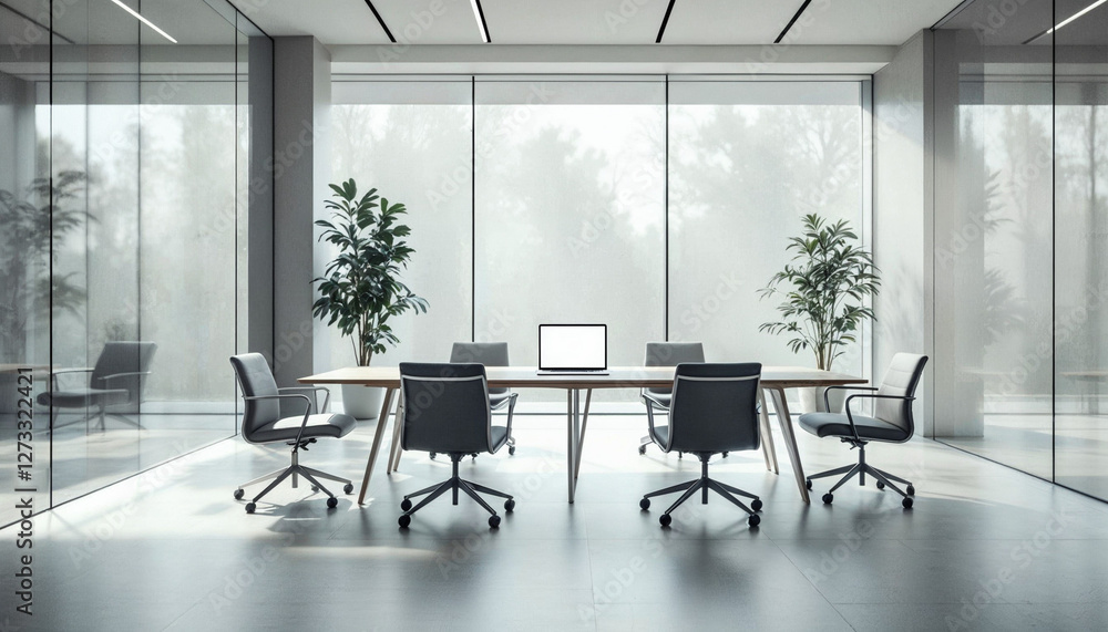 Fototapeta premium A minimalist modern office with glass walls, natural light, and a conference table setup.