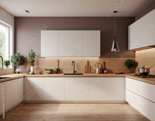 Modern Kitchen interior with empty blank wall for mockup template display. 3D Rendering