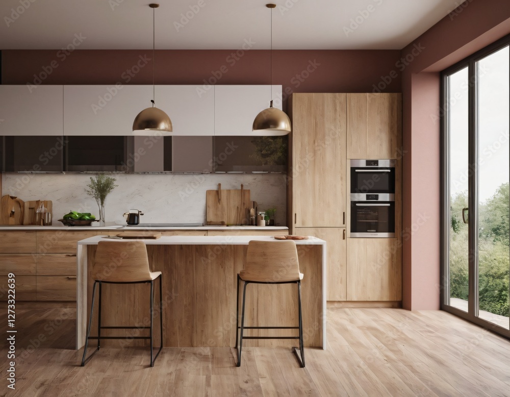 Fototapeta premium Modern Kitchen interior with empty blank wall for mockup template display. 3D Rendering