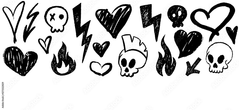 Doodle grunge punk and rock icon set. Hand drawn crayon lightnings, sculls, arrows, hearts, and flame. Crayon hand drawn graffiti groovy punk print kit, emo gothic. Pencil and charcoal scribbles Doodle grunge punk and rock icon set. Hand drawn crayon lightnings, sculls, arrows, hearts, and flame. Crayon hand drawn graffiti groovy punk print kit, emo gothic. Pencil and charcoal scribbles
