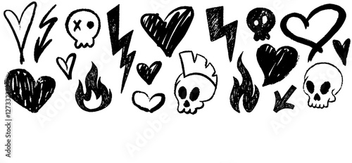 Doodle grunge punk and rock icon set. Hand drawn crayon lightnings, sculls, arrows, hearts, and flame. Crayon hand drawn graffiti groovy punk print kit, emo gothic. Pencil and charcoal scribbles