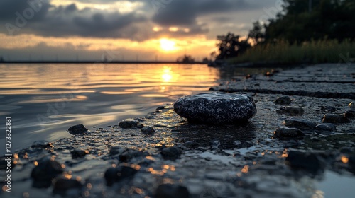 Sunset reflections over a calm lake nature scene minimalist motion study tranquil environment close-up view photo