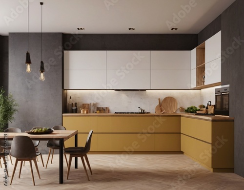 Modern Kitchen interior with empty blank wall for mockup template display. 3D Rendering