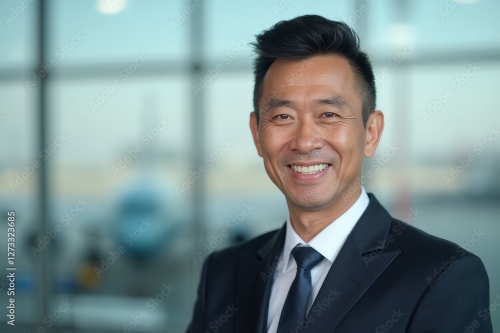 Head and shoulders Portrait of an elegant stylish Malaysian 50 years old male flight attendant in uniform. Head and shoulders Portrait of an elegant stylish Malaysian 50 years old male flight attendant in uniform.