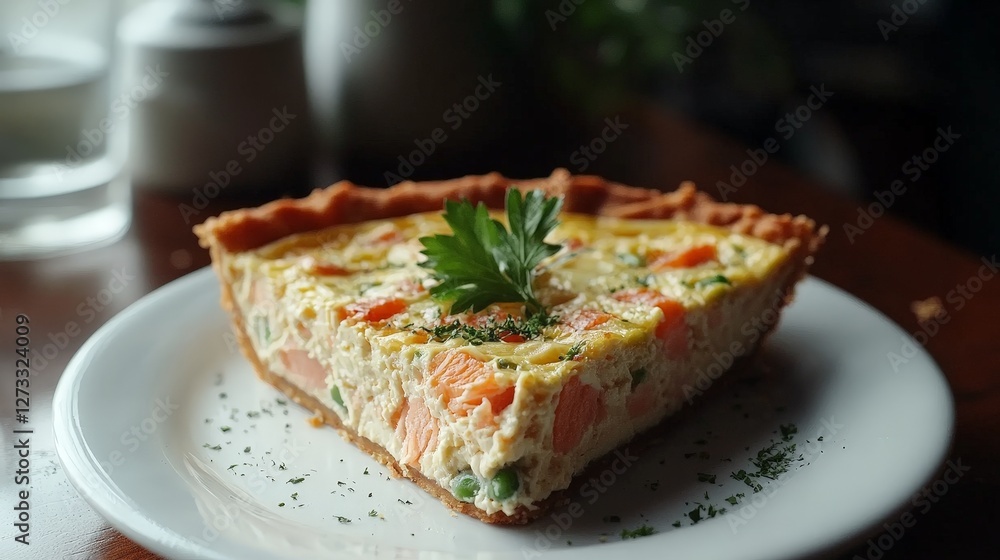 A slice of savory quiche garnished with herbs on a white plate. A slice of savory quiche garnished with herbs on a white plate.