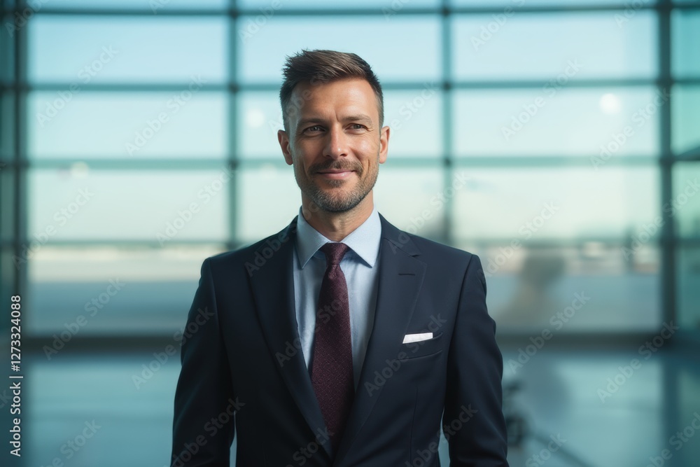Head and shoulders Portrait of an elegant stylish Maltese 50 years old male flight attendant in uniform. Head and shoulders Portrait of an elegant stylish Maltese 50 years old male flight attendant in uniform.
