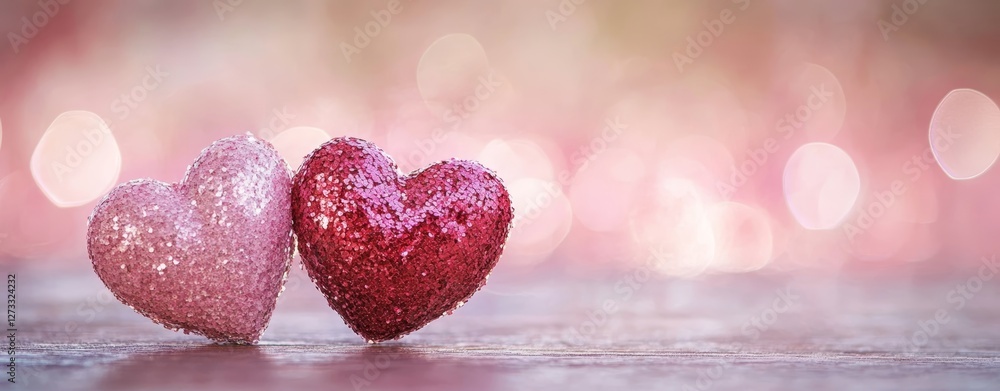 Obraz premium Two Glittery Hearts on Wooden Surface with Bokeh Background