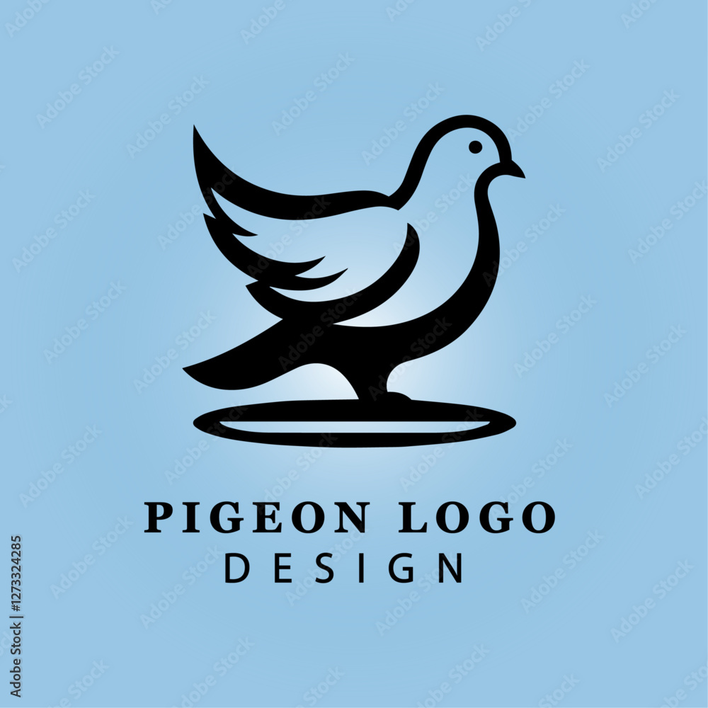 Fototapeta premium Black Pigeon Logo with Stylized Wings on Light Blue Gradient Background for Business, Peace, Communication, Corporate Identity, and Branding Concepts 