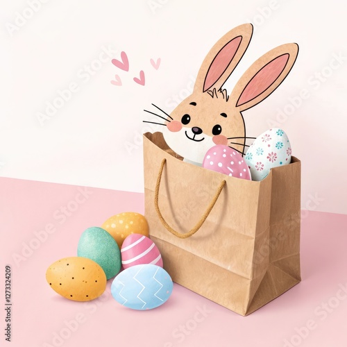Adorable Easter Bunny in Gift Bag with Colorful Eggs