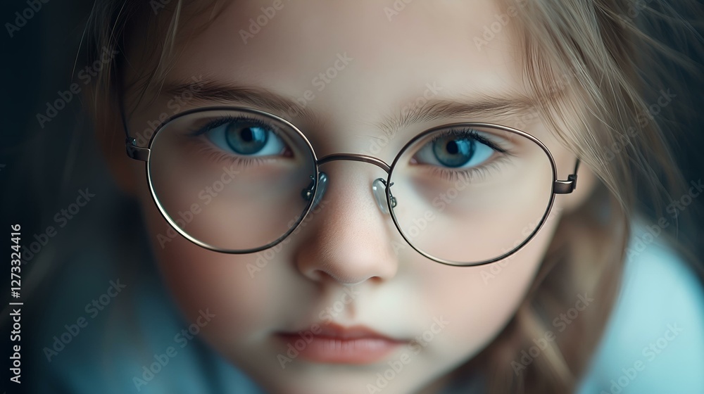 Fototapeta premium Close-up portrait of a young girl with blue eyes and round glasses gazing softly in natural lighting