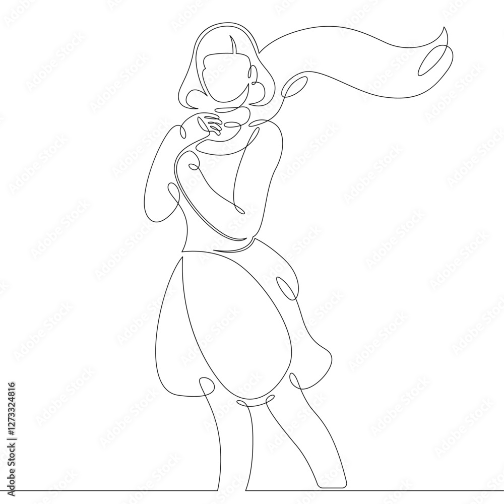 One continuous drawing line logo portrait of beautiful woman with developing long shawl scarf.Single hand drawn art line doodle outline isolated minimal illustration cartoon character flat One continuous drawing line logo portrait of beautiful woman with developing long shawl scarf.Single hand drawn art line doodle outline isolated minimal illustration cartoon character flat