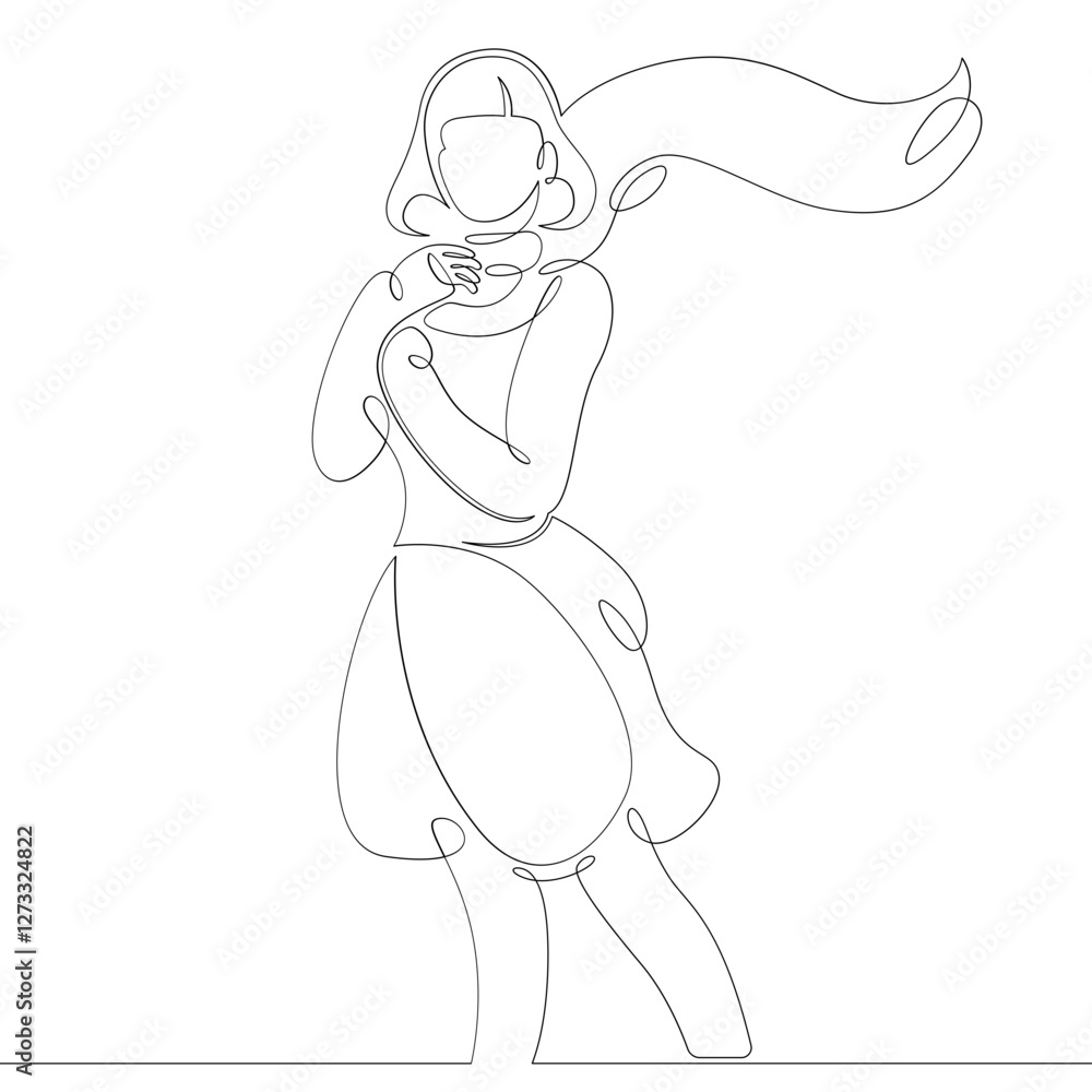 One continuous drawing line logo portrait of beautiful woman with developing long shawl scarf.Single hand drawn art line doodle outline isolated minimal illustration cartoon character flat One continuous drawing line logo portrait of beautiful woman with developing long shawl scarf.Single hand drawn art line doodle outline isolated minimal illustration cartoon character flat