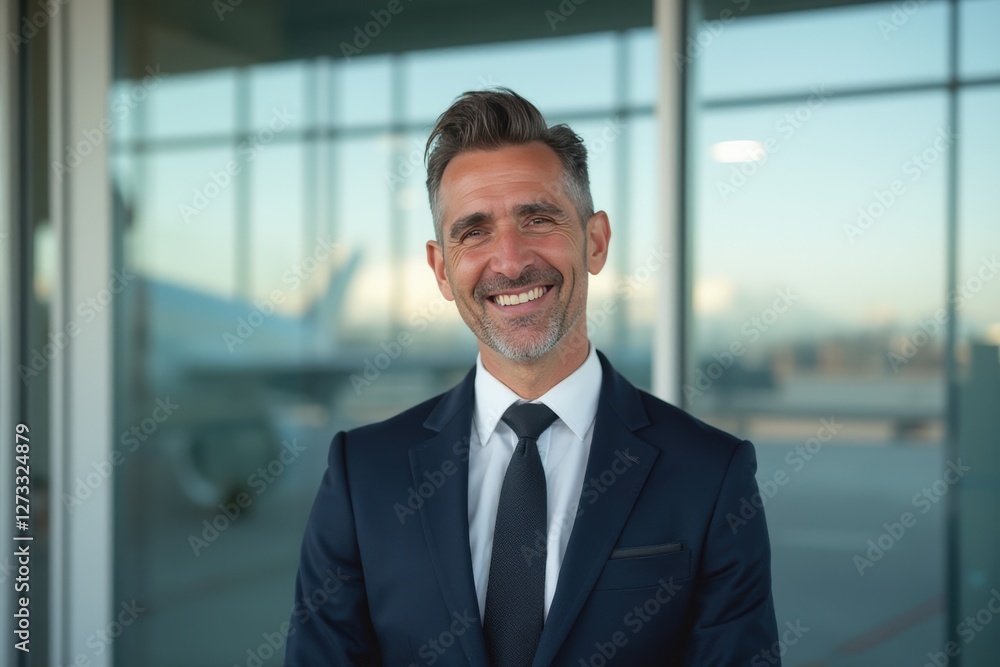 Head and shoulders Portrait of an elegant stylish Mexican 50 years old male flight attendant in uniform. Head and shoulders Portrait of an elegant stylish Mexican 50 years old male flight attendant in uniform.