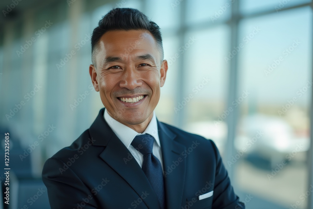 Head and shoulders Portrait of an elegant stylish Micronesian 50 years old male flight attendant in uniform. Head and shoulders Portrait of an elegant stylish Micronesian 50 years old male flight attendant in uniform.