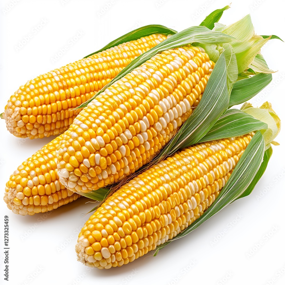 Fresh Ripe Corn on the Cob with Vibrant Yellow Kernels and Green Husks on White Background Fresh Ripe Corn on the Cob with Vibrant Yellow Kernels and Green Husks on White Background