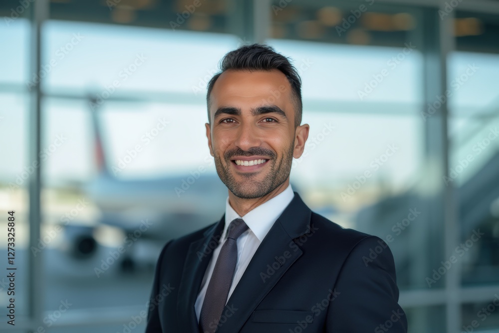 Head and shoulders Portrait of an elegant stylish Moroccan 50 years old male flight attendant in uniform. Head and shoulders Portrait of an elegant stylish Moroccan 50 years old male flight attendant in uniform.