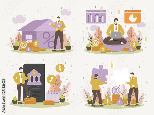 Set of financial management scenes with business concepts and analytics, vector illustration