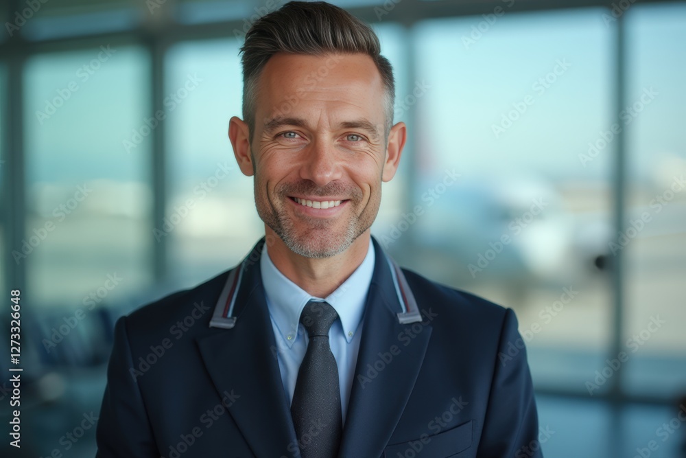 Head and shoulders Portrait of an elegant stylish New Zealander 50 years old male flight attendant in uniform. Head and shoulders Portrait of an elegant stylish New Zealander 50 years old male flight attendant in uniform.