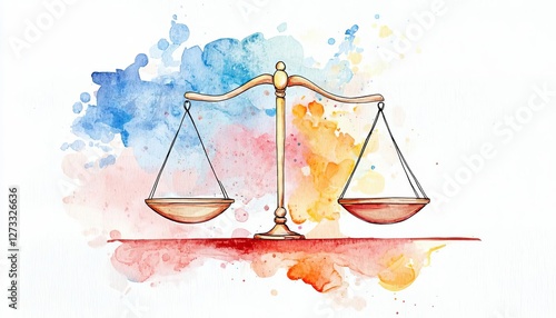 A watercolor illustration of a balance scale on a colorful background.