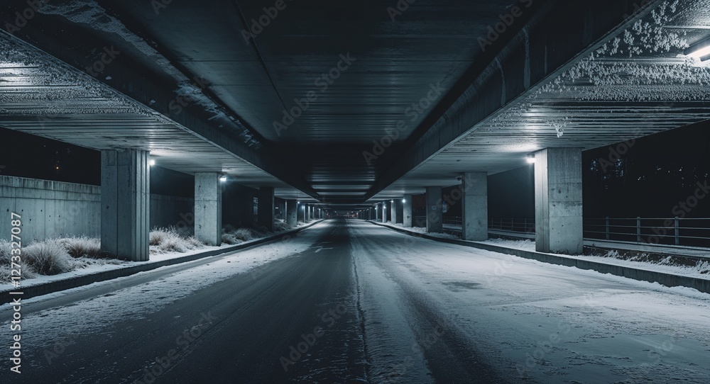 Dark underpass at night during winter with frost on the concrete Dark underpass at night during winter with frost on the concrete