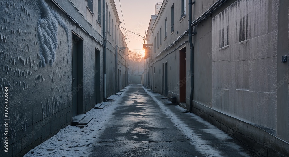 Obraz premium Empty alleyway in the morning during winter with frost covered walls