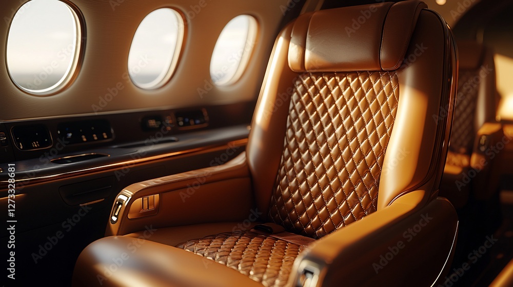 Fototapeta premium Luxurious brown leather seat in private jet cabin.