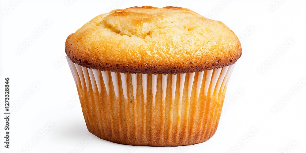 Freshly Baked Golden Yellow Cupcake with Light Brown Crust on White Background Freshly Baked Golden Yellow Cupcake with Light Brown Crust on White Background