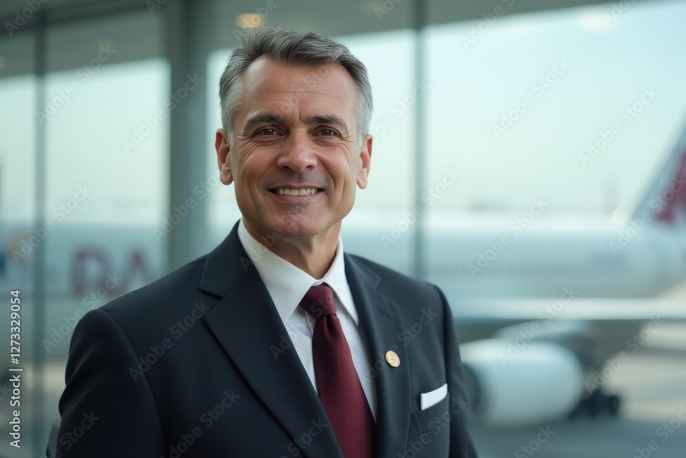 Fototapeta premium Head and shoulders Portrait of an elegant stylish Qatari 50 years old male flight attendant in uniform.