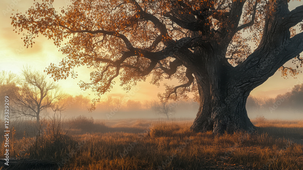 Eiche, Baum im Morgenlicht, Herbststimmung, Generative AI