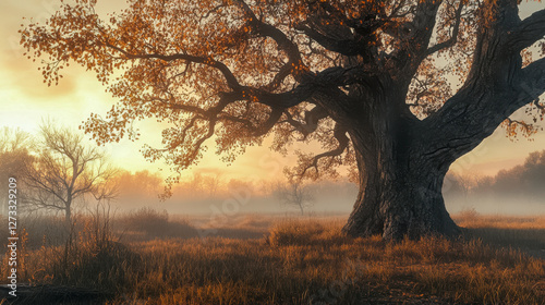 Obraz na płótnie Eiche, Baum im Morgenlicht, Herbststimmung, Generative AI w salonie