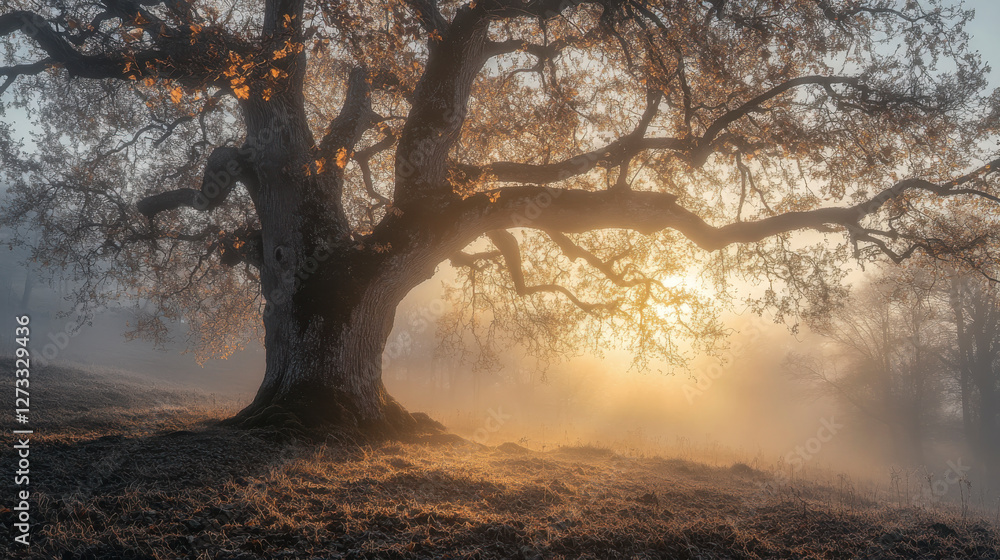 Eiche, Baum im Morgenlicht, Herbststimmung, Generative AI