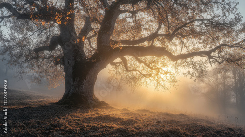 Obraz na płótnie Eiche, Baum im Morgenlicht, Herbststimmung, Generative AI w salonie
