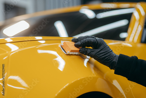 Car detailing worker applying ceramic car coating on yellow car at workshop