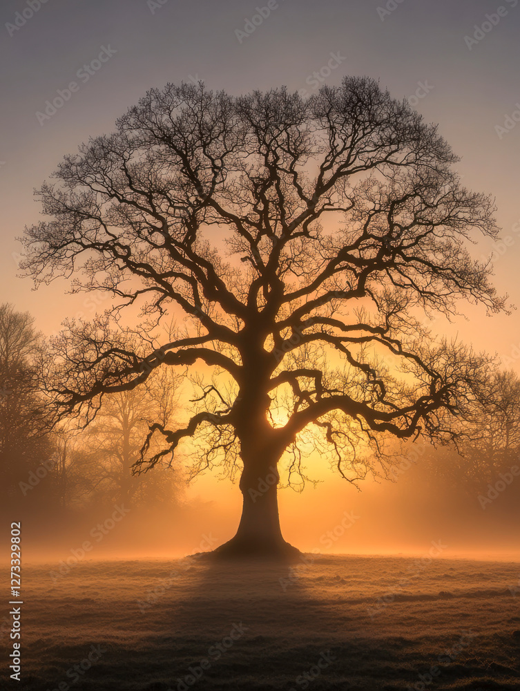 Baum ohne Blätter im Winter, Sonnenaufgang, Morgennebel, Generative AI