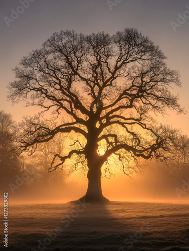 Obraz na płótnie Baum ohne Blätter im Winter, Sonnenaufgang, Morgennebel, Generative AI w salonie
