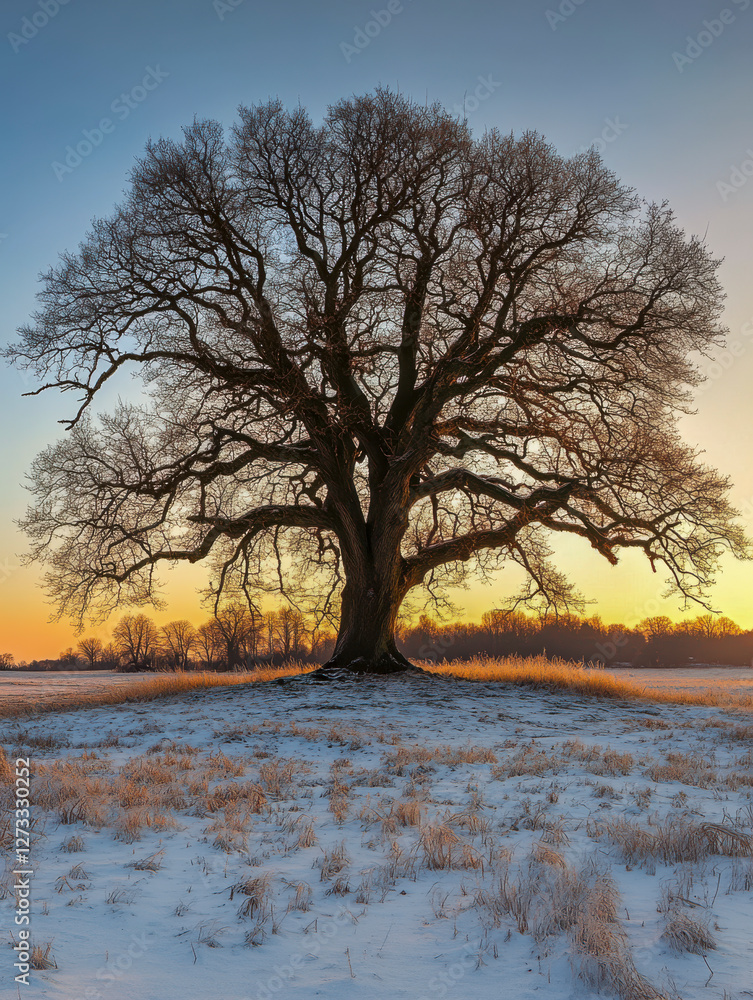 Baum ohne Blätter im Winter, Sonnenaufgang, Generative AI