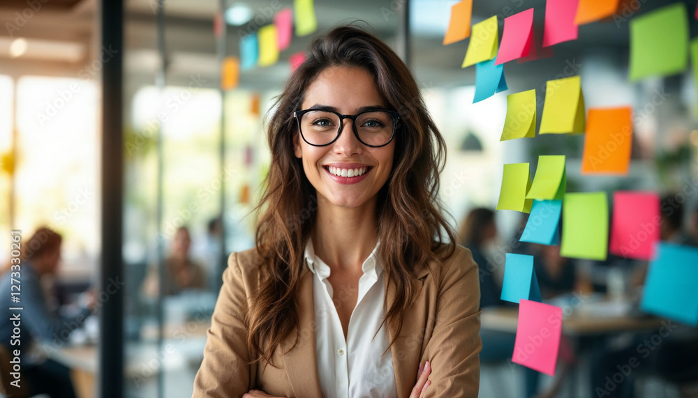 A cheerful woman stands confidently in a dynamic workspace, embodying creativity and teamwork.
A cheerful woman stands confidently in a dynamic workspace, embodying creativity and teamwork.