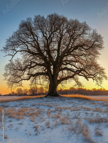 Obraz na płótnie Baum ohne Blätter im Winter, Sonnenaufgang, Generative AI w salonie