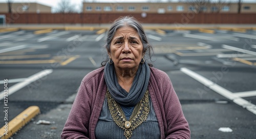 Homeless mature Hispanic woman in a vacant parking lot background portrait facing forward