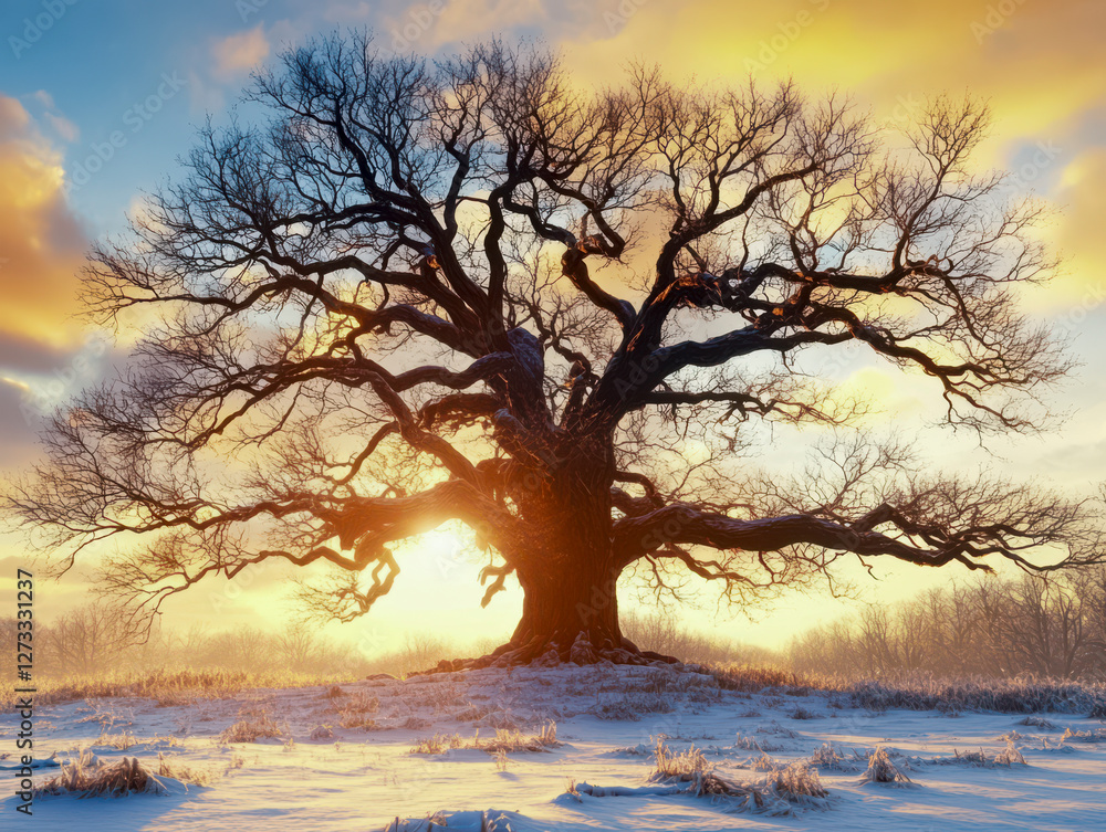 Baum ohne Blätter im Winter, Sonnenaufgang, Generative AI