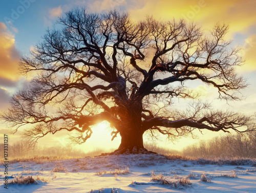 Obraz na płótnie Baum ohne Blätter im Winter, Sonnenaufgang, Generative AI w salonie