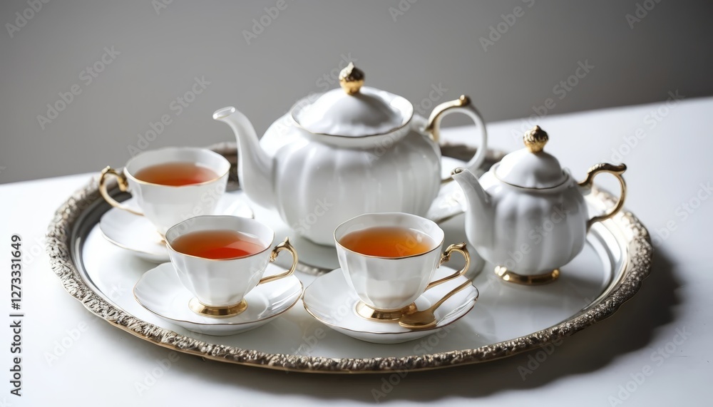 Fototapeta premium A beautifully arranged white tea set on a silver tray, featuring tea pot and matching cups, perfect for depicting tea time, hospitality, or fine dining.