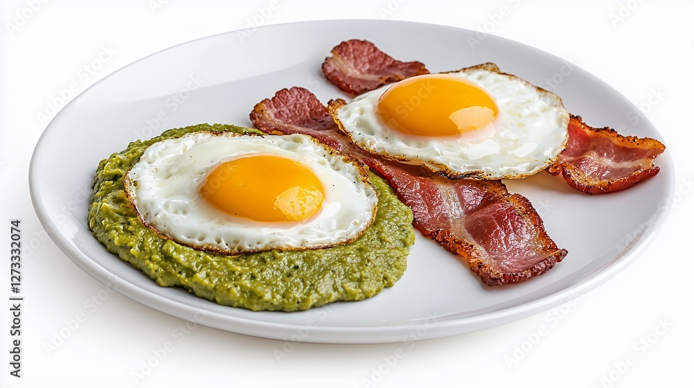 Fried Eggs with Golden Yolks and Crispy Bacon Served on a White Plate with Green Sauce Fried Eggs with Golden Yolks and Crispy Bacon Served on a White Plate with Green Sauce