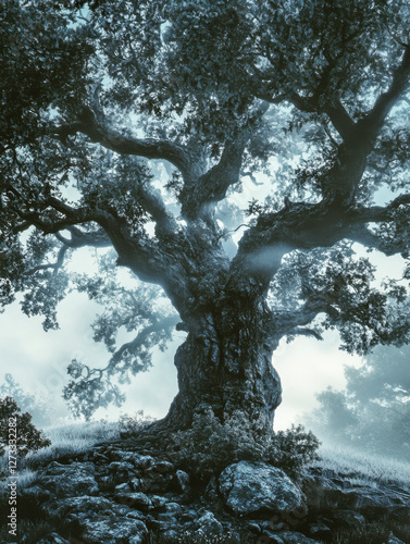 Obraz na płótnie Einzelner Baum ohne Blätter im Winter, Dunst, Nebel, Generative AI w salonie